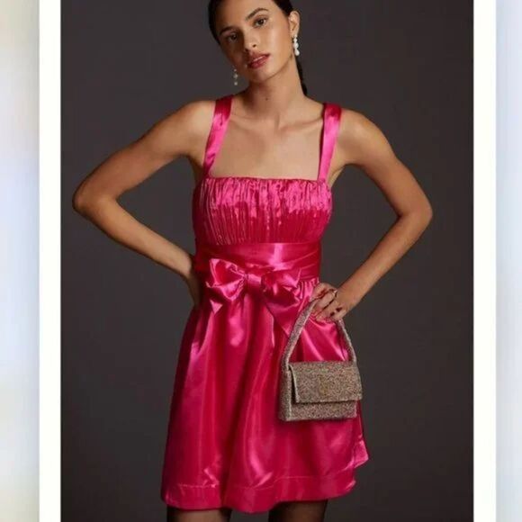 Anthropologie - Hot Pink Fuchsia Satin Mini Bow Tie Dress by Maeve size 4 - Picture 7 of 7